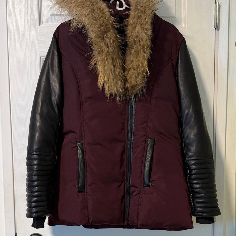 ‼️SOLD‼️Incredible Women's Burgundy and Black Jacket with Fur and Leather trim.